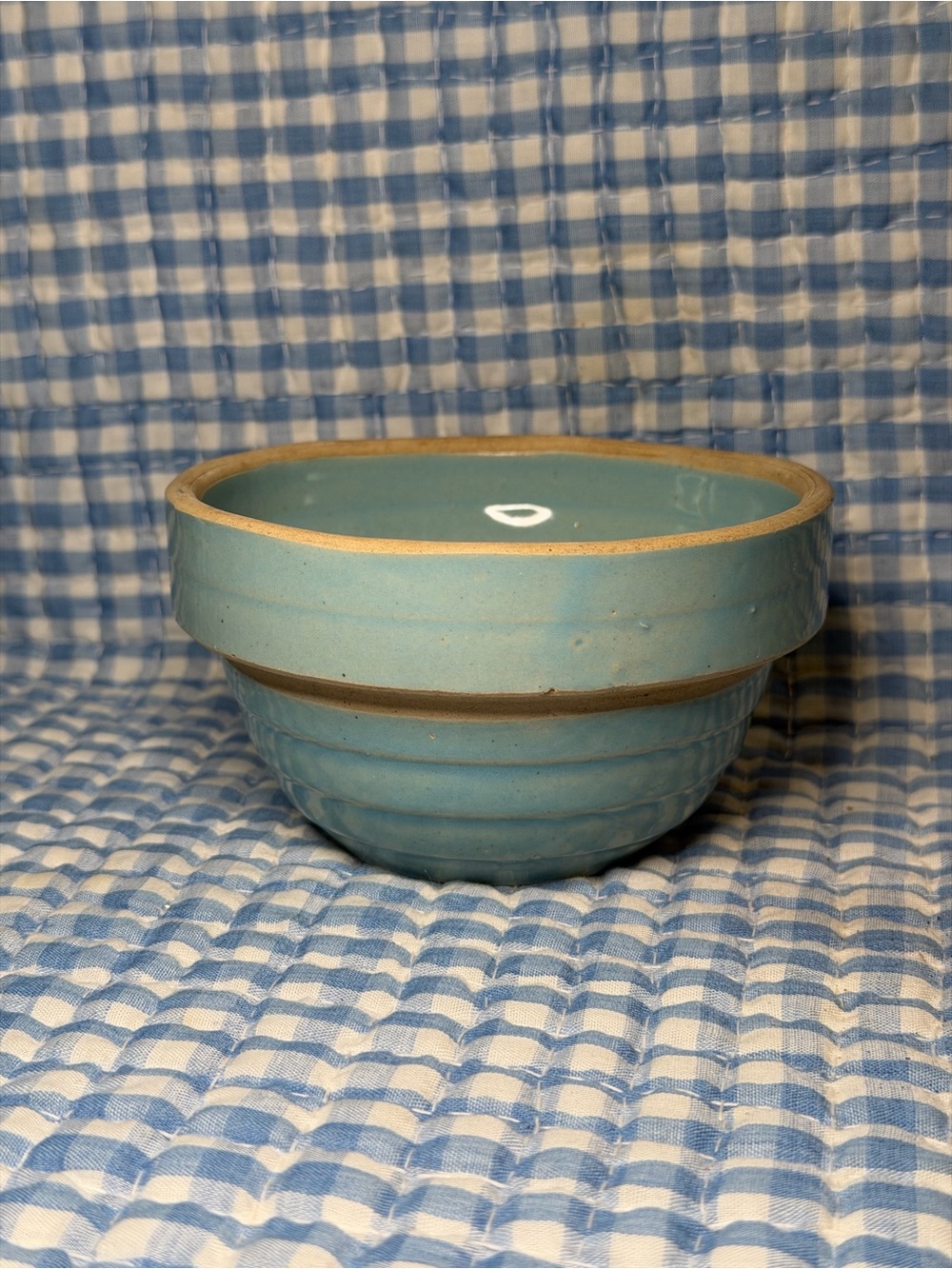 Vintage Blue Stoneware Mixing Bowl – Antique USA Pottery Beehive Ribbed Crock